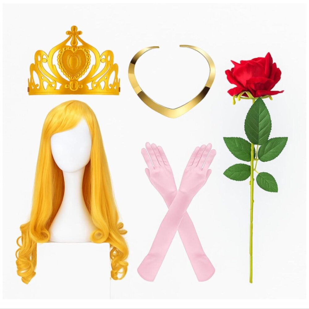 NIB Princess Cosplay Costume Wig, Crown, Necklace, Pink Gloves Dress up Adult